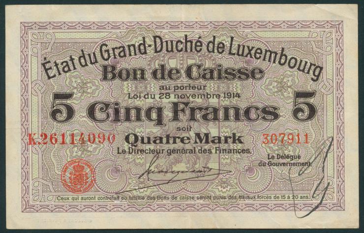 Luxemburg / Luxembourg P.23 5 Francs = 4 Mark 1914 (2) 