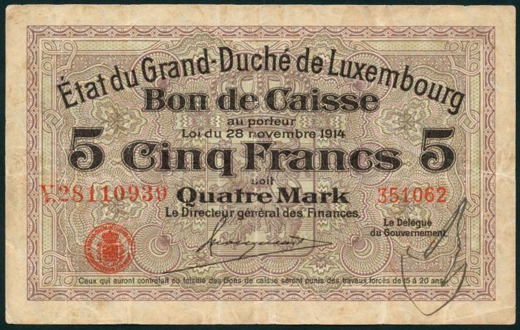 Luxemburg / Luxembourg P.23 5 Francs = 4 Mark 1914 (3) 