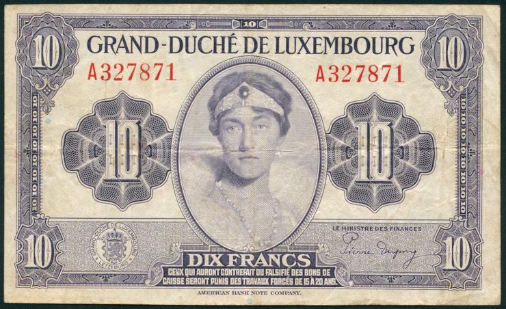 Luxemburg / Luxembourg P.44a 10 Francs (1944) (3) 