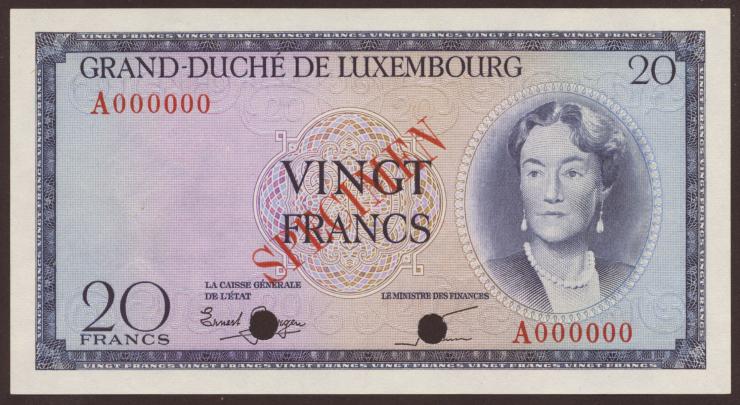 Luxemburg / Luxembourg P.49s 20 Francs (1955) Specimen (1) 