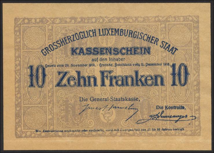 Luxemburg / Luxembourg P.30 10 Franken L. 1914-1918 (1) 