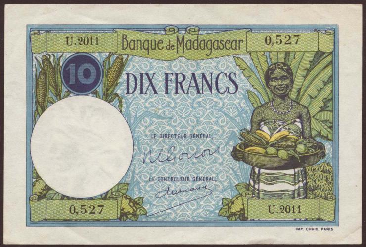 Madagaskar P.036 10 Francs (1937-47) (2+) 