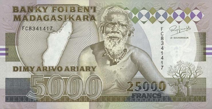 Madagaskar P.074Aa 25000 Francs = 5000 Ariary (1993) (1) 