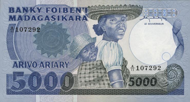 Madagaskar P.069a 5000 Francs = 1000 Ariary (1983-87) (1) 