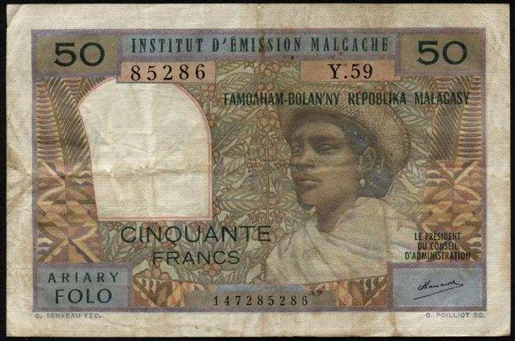 Madagaskar P.061 50 Francs = 10 Ariary (1969) (3) 