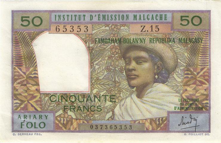 Madagaskar P.61 50 Francs = 10 Ariary (1969) (1/1-) 