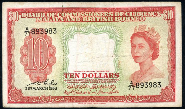 Malaya & British Borneo P.03a 10 Dollars 1953 (3) 