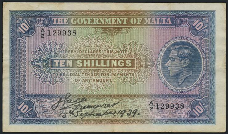 Malta P.13 10 Shillings 13.9.1939 (3) 
