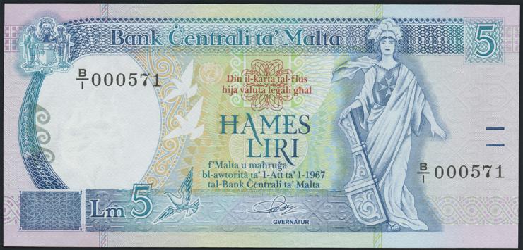 Malta P.42 5 Liri 1967 (1989) (1) low number 
