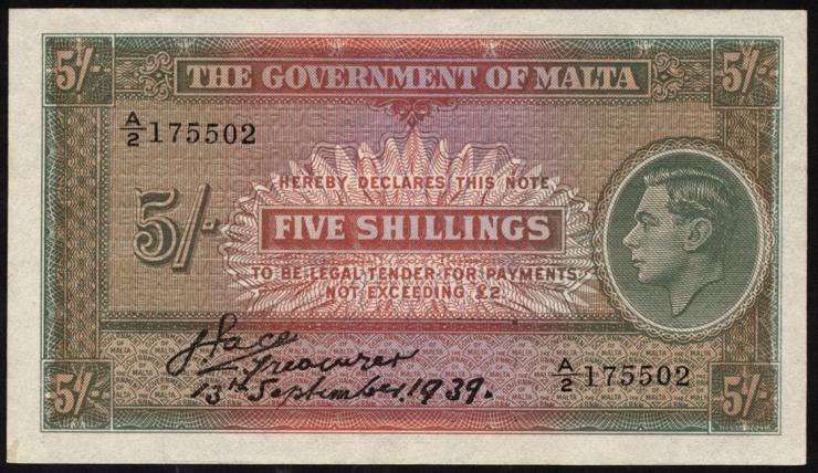 Malta P.12 5 Shillings 13.9.1939 (2) 