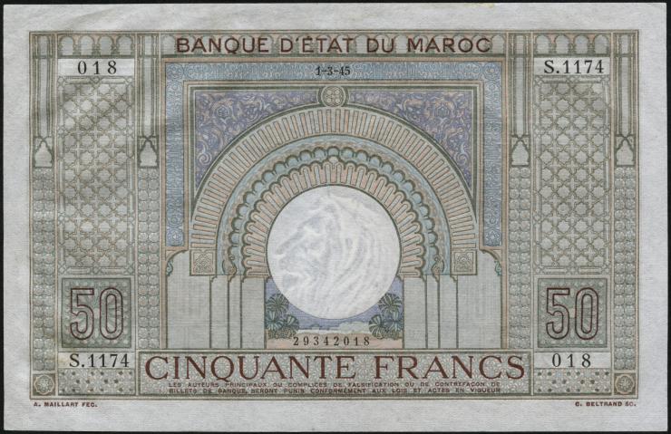 Marokko / Morocco P.21 50 Francs 1945 (1/1-) 