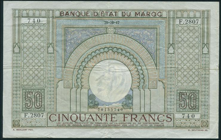 Marokko / Morocco P.21 50 Francs 1947 (3) 