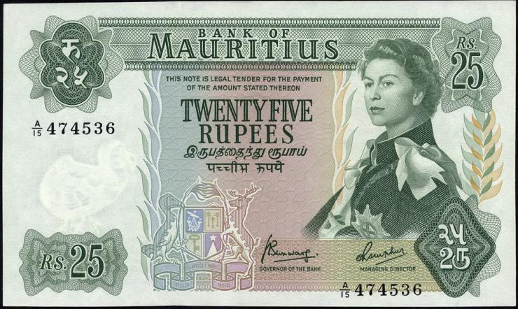 Mauritius P.32b 25 Rupien (1967) (1) 