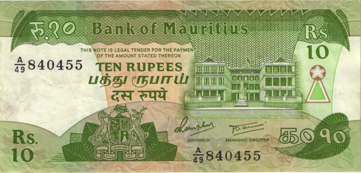 Mauritius P.35b 10 Rupien (1985) (3) 