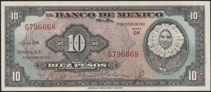 Mexiko / Mexico P.053b 10 Pesos 1953 (1) 