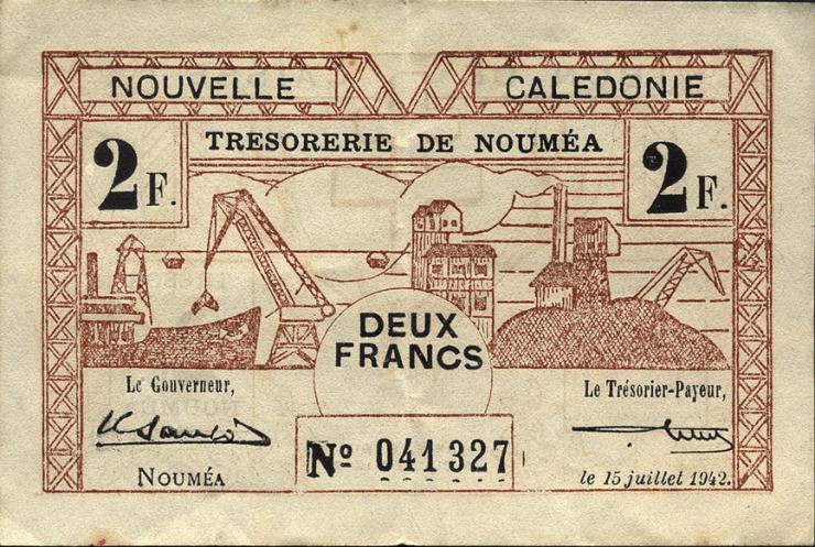 Neu Kaledonien / New Caledonia P.53 2 Francs 1942 (3+) 
