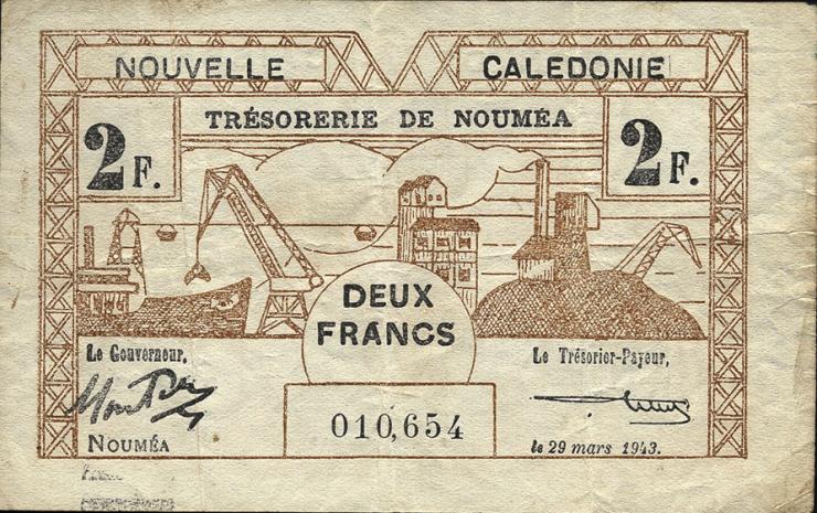 Neu Kaledonien / New Caledonia P.56 2 Francs 1943 (3+) 
