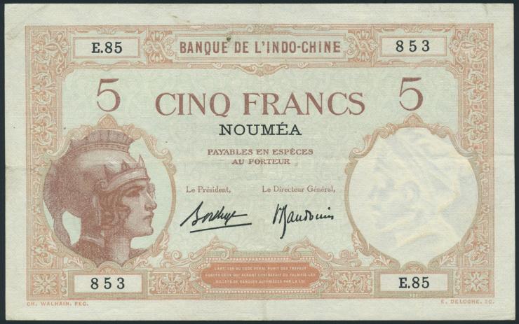 Neu Kaledonien / New Caledonia P.36b 5 Francs (1926) (3+) 