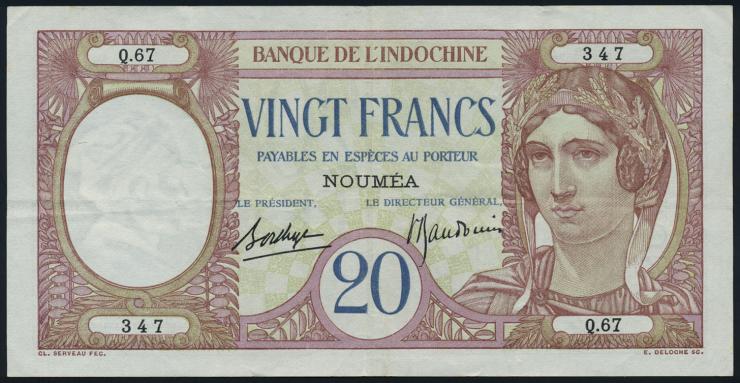 Neu Kaledonien / New Caledonia P.37b 20 Francs (1929) (3+) 