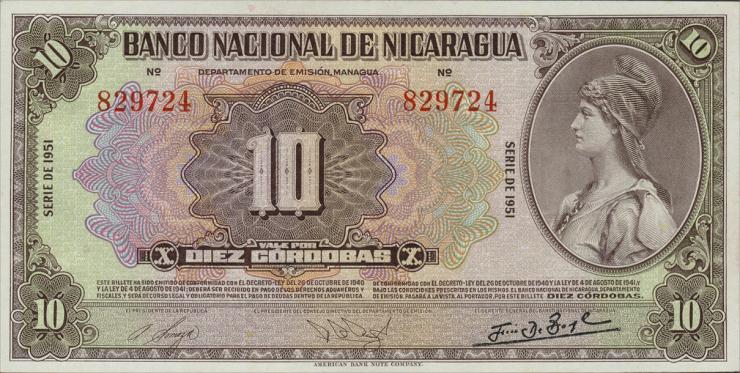 Nicaragua P.094c 10 Cordoba 1951 (1) 
