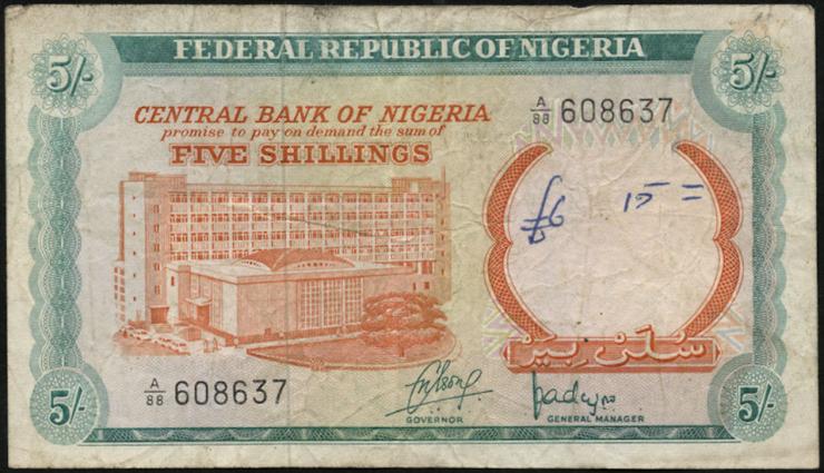 Nigeria P.10a 5 Shillings (1968) Graffitti (3-) 
