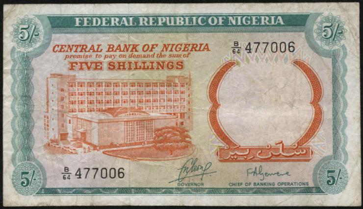 Nigeria P.10b 5 Shillings (1968) (3) 
