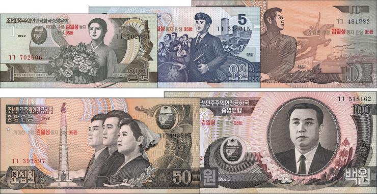 Nordkorea / North Korea P.49-53 1 - 100 Won (2007) Gedenkbanknoten 