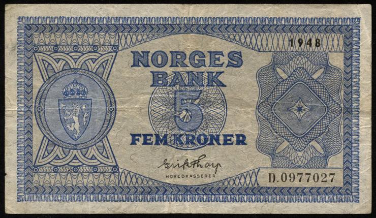 Norwegen / Norway P.25b 5 Kronen 1948 (3) 