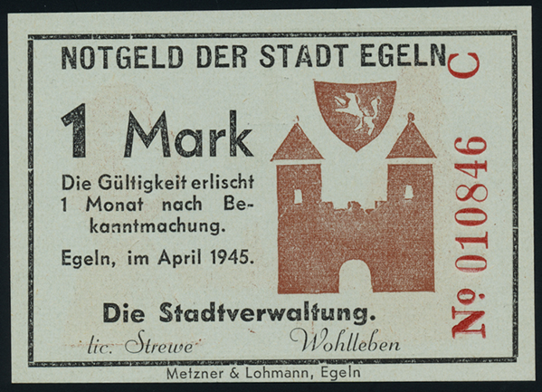 Notgeld Egeln (Provinz Sachsen) 1 - 20 Mark 1945 C (1) 
