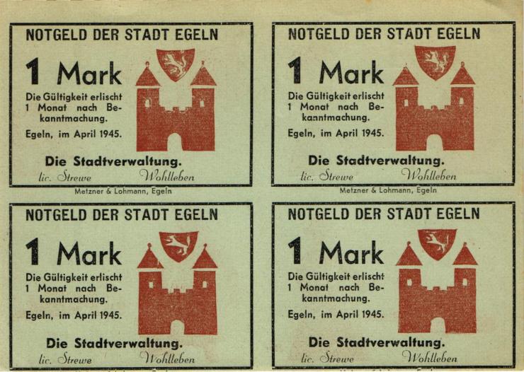 Notgeld Egeln (Provinz Sachsen) 4 x 1 Mark 1945 (1/1-) 