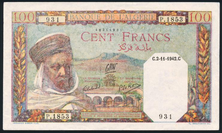 Algerien / Algeria P.088 100 Francs 1942 (1-) 