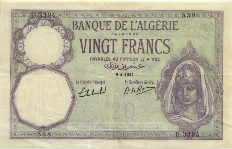 Algerien / Algeria P.078c 20 Francs 1941 (3+) 