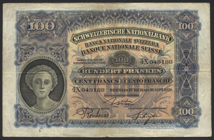 Schweiz / Switzerland P.35b 100 Franken 1926 (3) 