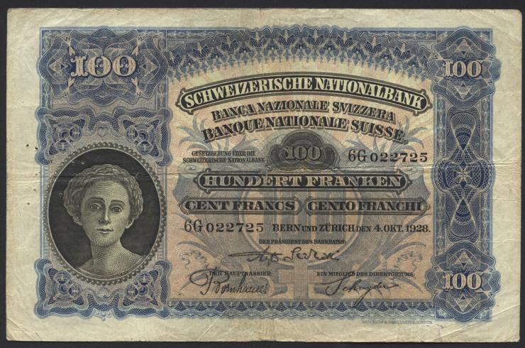 Schweiz / Switzerland P.35e 100 Franken 1928 (3-) 