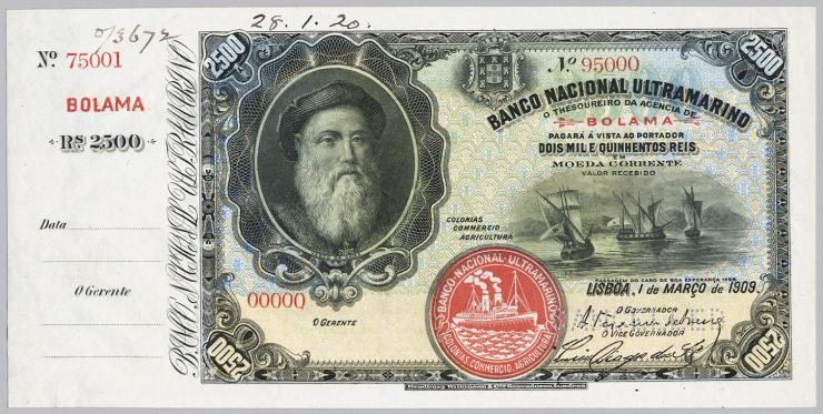 Portug. Guinea P.02A 2,500 Milreis 1909 SPECIMEN (1) 