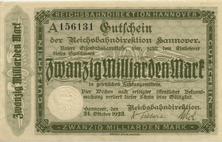 PS1256a Reichsbahn Hannover 20 Milliarden Mark 1923A (2+) 
