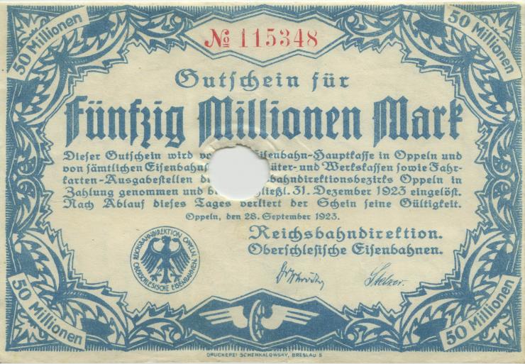 PS1347 Reichsbahn Oppeln 50 Millionen Mark 1923 entwertet (2) 