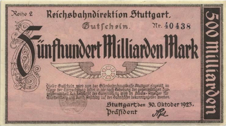 PS1378b Reichsbahn Stuttgart 500 Milliarden Mark 1923 (1-) Reihe 2 