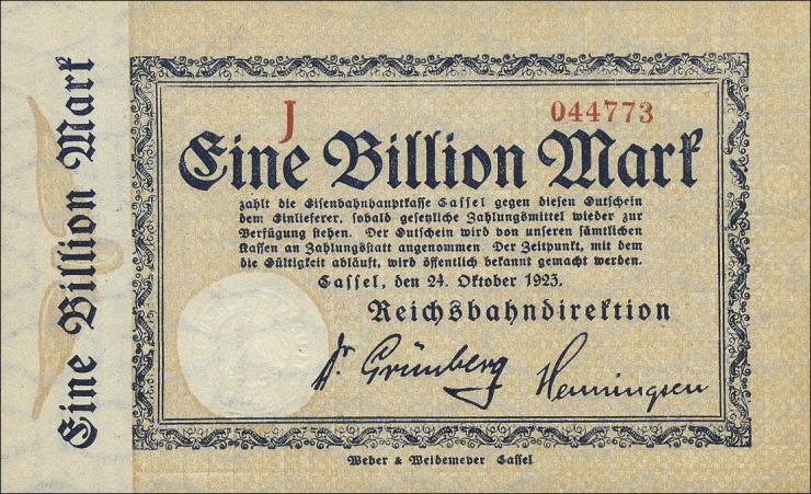 PS1168 Reichsbahn Kassel 1 Billion Mark ohne No. 1923 (1) 