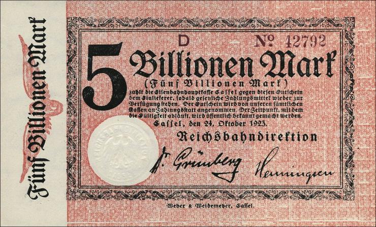 PS1169 Reichsbahn Kassel 5 Billionen Mark 1923 mit No.(1) 