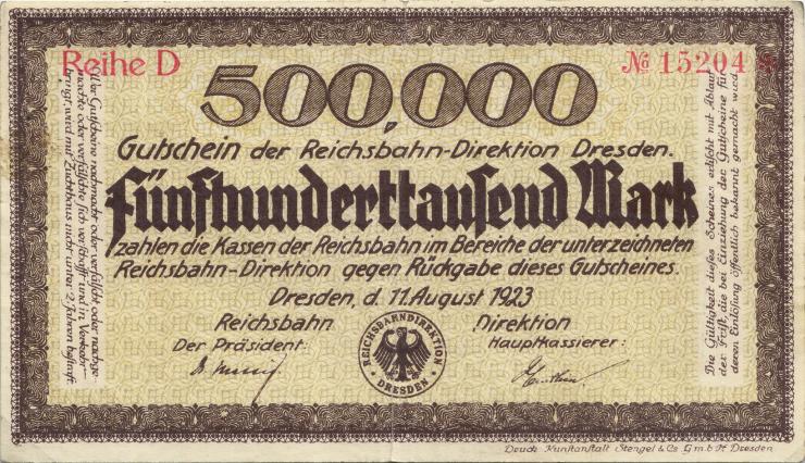 PS1171a Reichsbahn Dresden 500.000 Mark 1923 (3+) Reihe D 