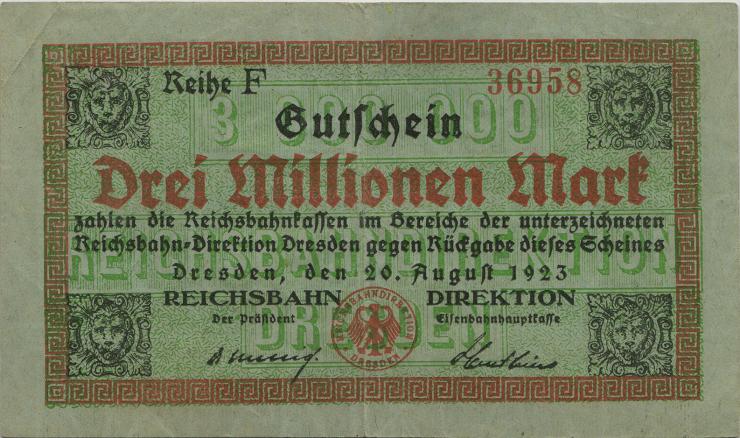 PS1175 Reichsbahn Dresden 3 Millionen Mark 20.8.1923 (3+) 