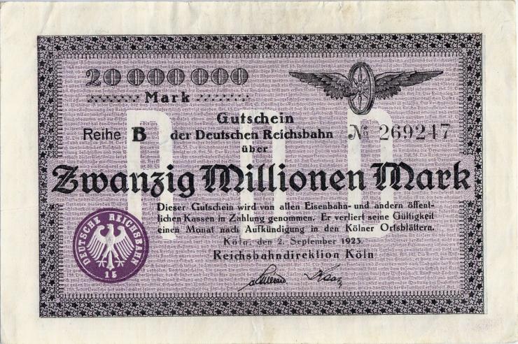 PS1287 Reichsbahn Köln 20 Millionen Mark 2.9.1923 (3+) 