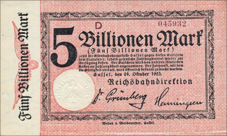 PS1169 Reichsbahn Kassel 5 Billionen Mark 1923 ohne No. (1) 