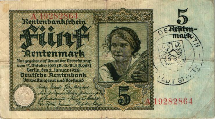 R.164c: 5 Rentenmark 1926 mit belgischem Gemeindestempel (3) 