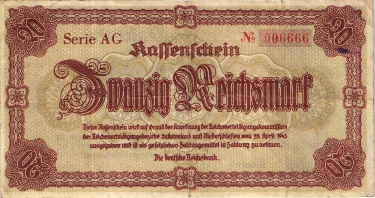 R.186: 20 Reichsmark 1945 Notausgabe Sudetenland (3) 