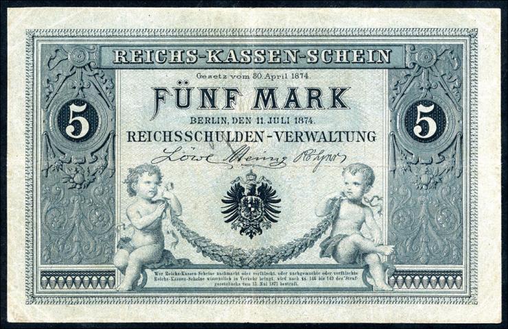 R.001: 5 Mark Reichskassenschein 1874 (3-) 