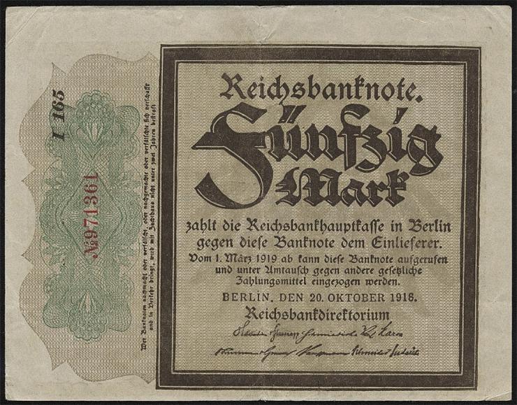 R.056e: 50 Mark 1918 "Trauerschein" (3) "I 165" 