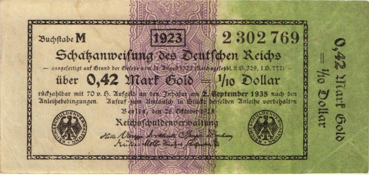 R.142b: 0,42 Mark Gold = 1/10 Dollar 1923 (3+) 