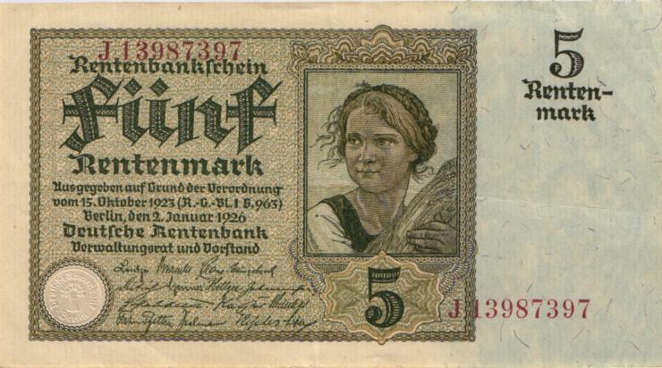 R.164F: 5 Rentenmark 1926 braune KN (3+) 